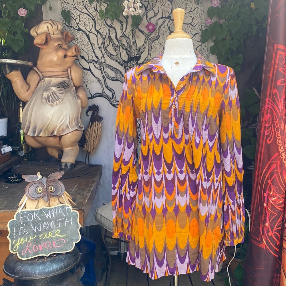 Vero Moda Psychedelic 60s Blouse Button Down Pleated Top Purple Orange M